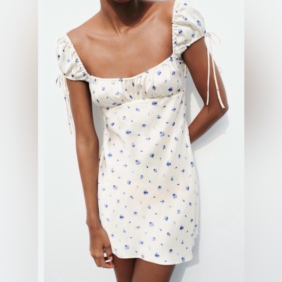 Zara Blue Floral Cream mini Dress XS - Picture 5 of 8